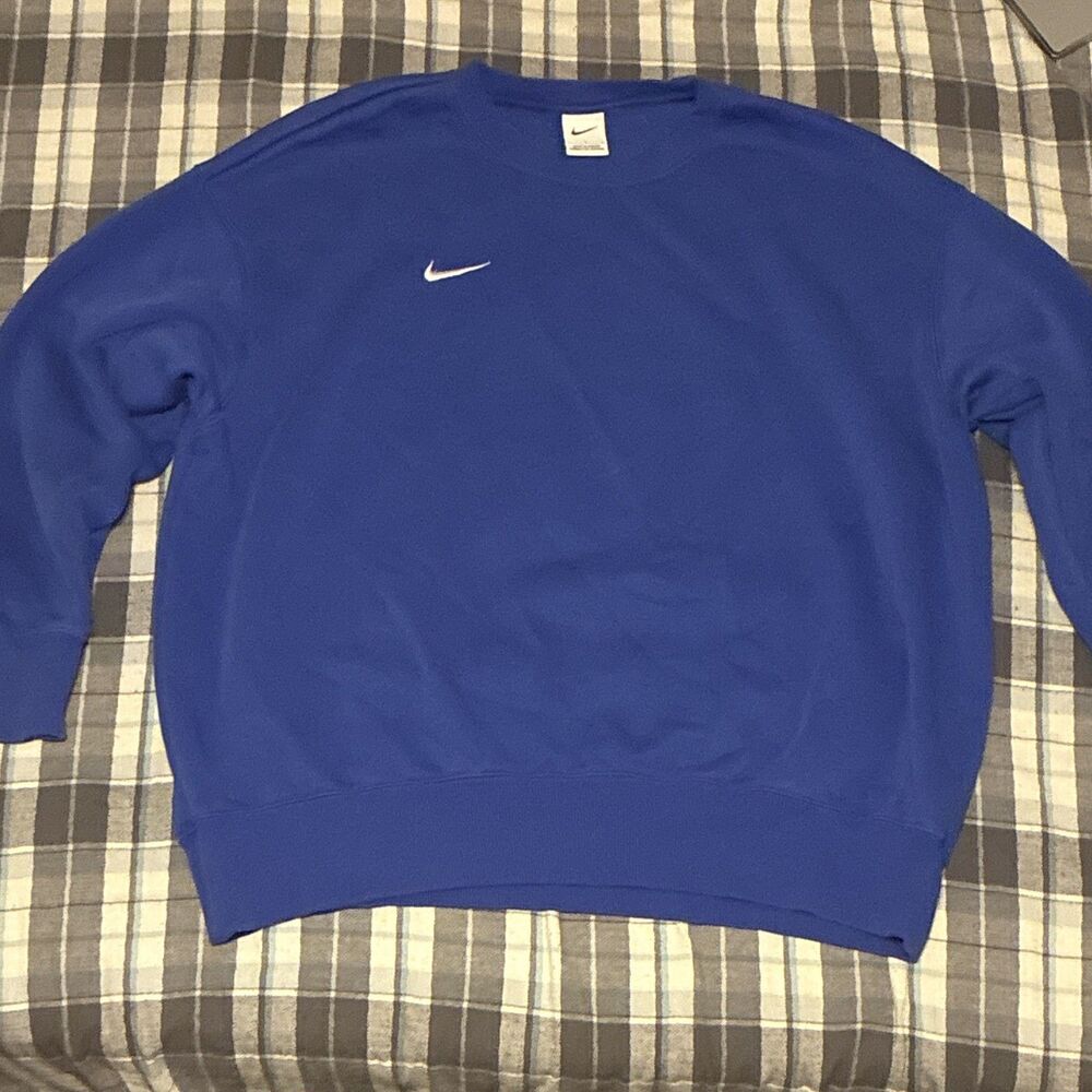 Vintage Nike Men's Blue Crew Neck Sweatshirt Logo Solid Long Sleeve Size L Y2K